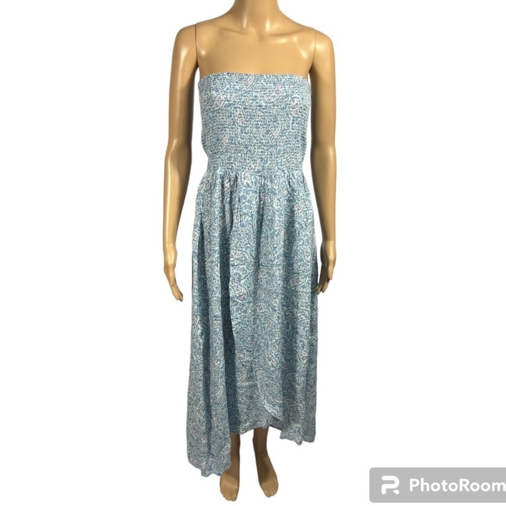 PATRONS OF PEACE Strapless Smocked High Low Wrap Dress Paisley Print Blue Size L